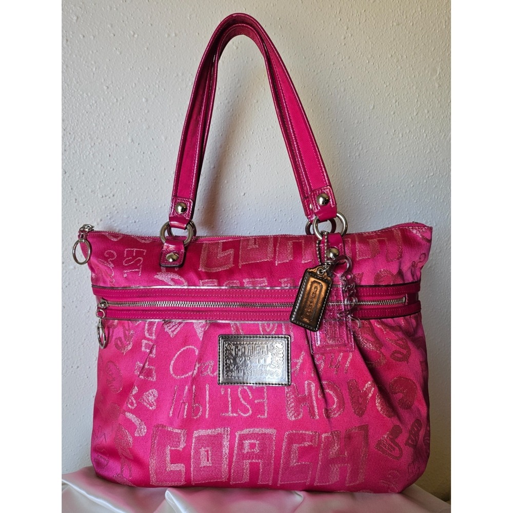 Coach Poppy Storypatch Hot Pink/Metallic‎ Silver Glam Tote 15301 Limited Edition
